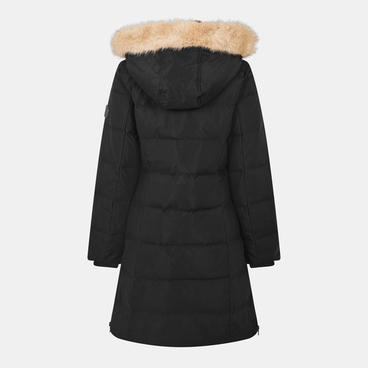 Women's Real Leather Fur Hood Medium Puffer Jacket