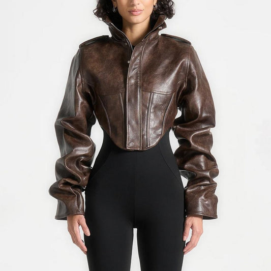 Maniere De Voir Womens Solange Vintage Leather Corset Jacket