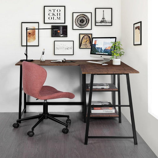 FurnitureR DROGBA Black and Wooden L-shaped Desk with 2 shelves