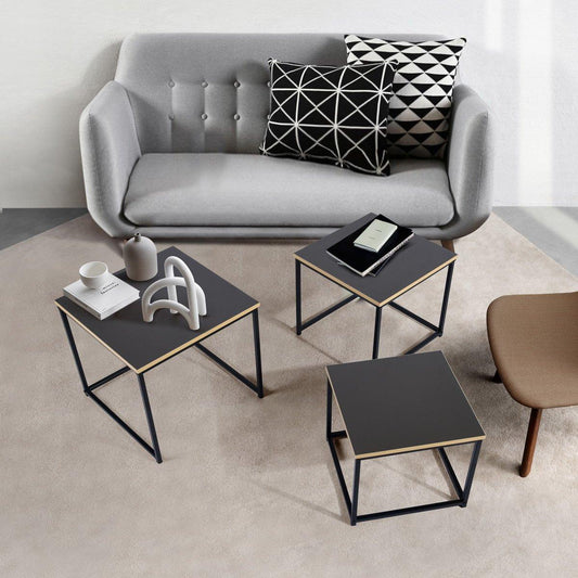 RICKY Black and Wooden Coffee Table Set of 3