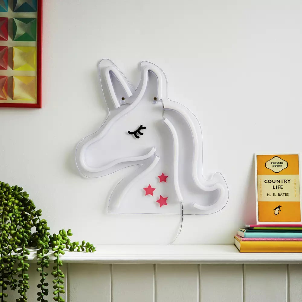Glow Neon Effect Unicorn LED Kids Wall Light - White & Pink