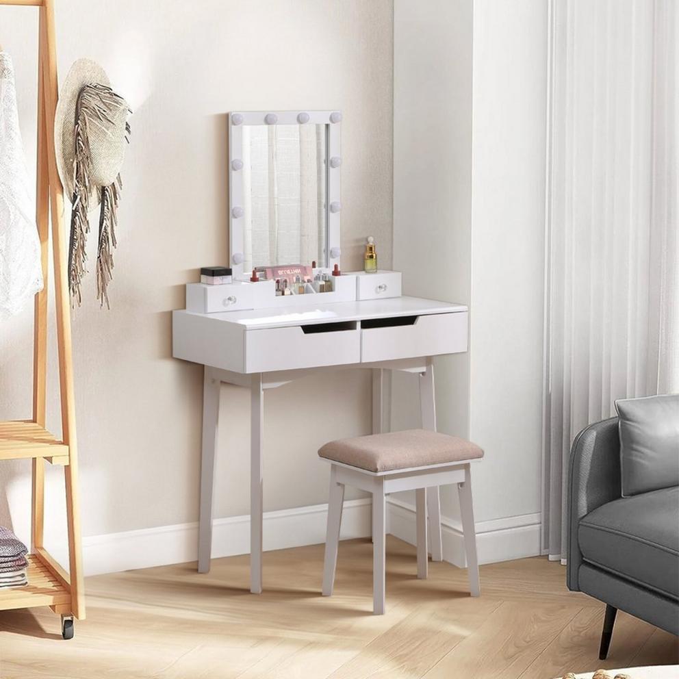Makeup Desk Set with Lighted Mirror and Stool