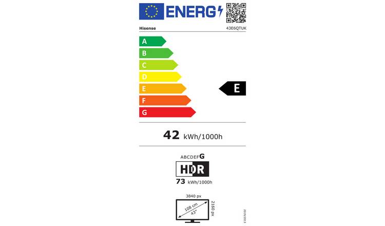 Hisense 43 Inch 43E6QTUK Smart 4K UHD HDR LED Freely TV