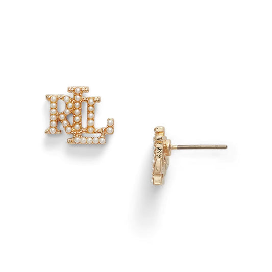 Lauren Ralph Lauren Pearl & Gold Logo Stud Earrings
