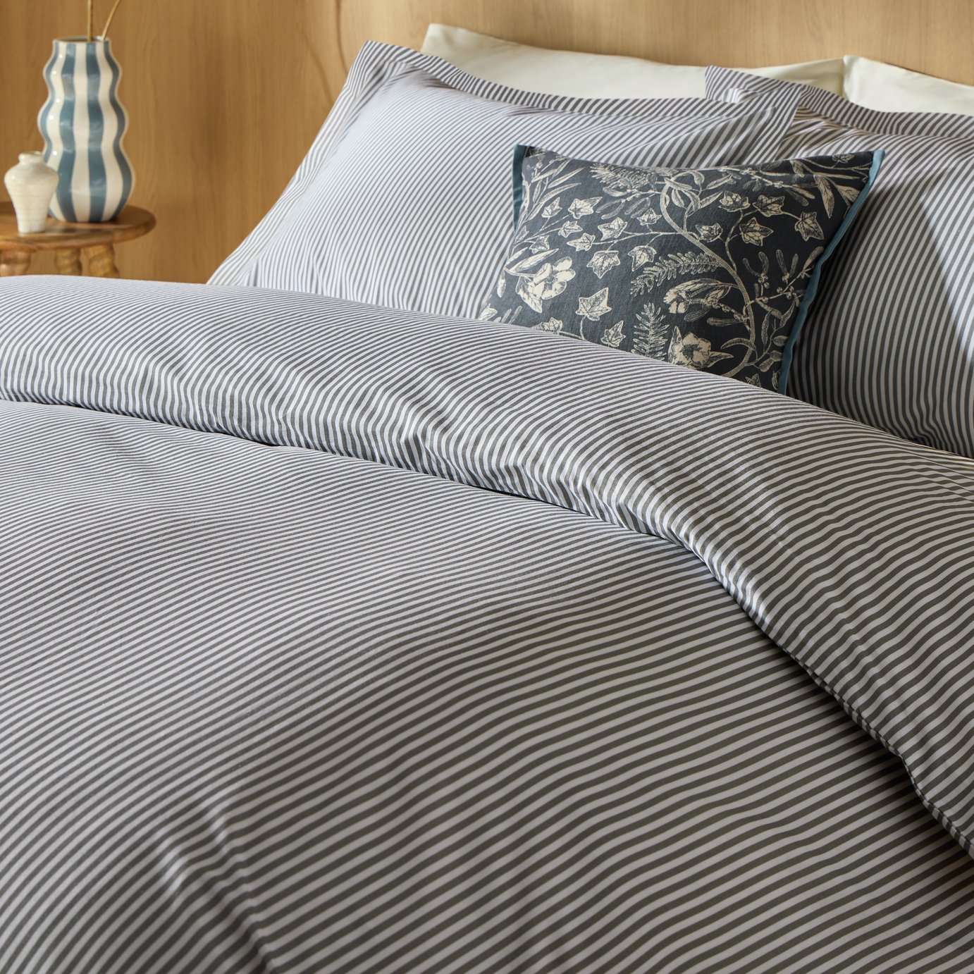 Habitat Cotton Oxford Edge Stripe Grey Bedding Set - Single