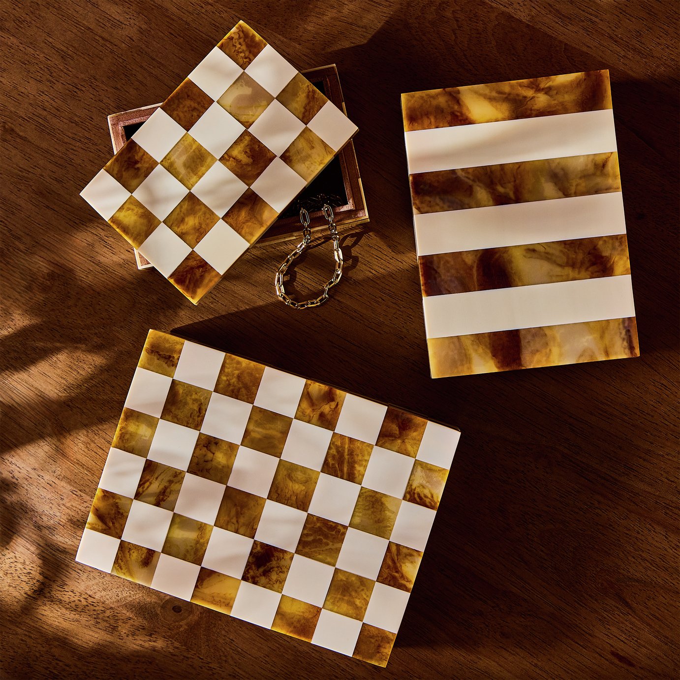 Habitat Checkered Set of 3 Trinket Boxes - Brown & Cream