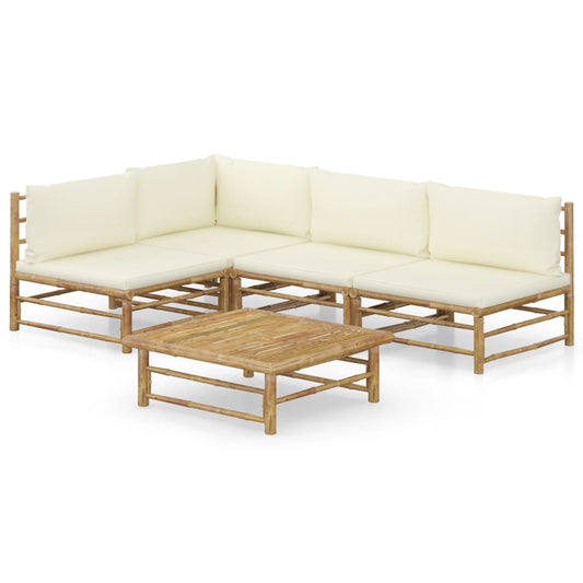 NNEVL 5 Piece Garden Lounge Set with Cream White Cushions Bamboo - Interactive Group
