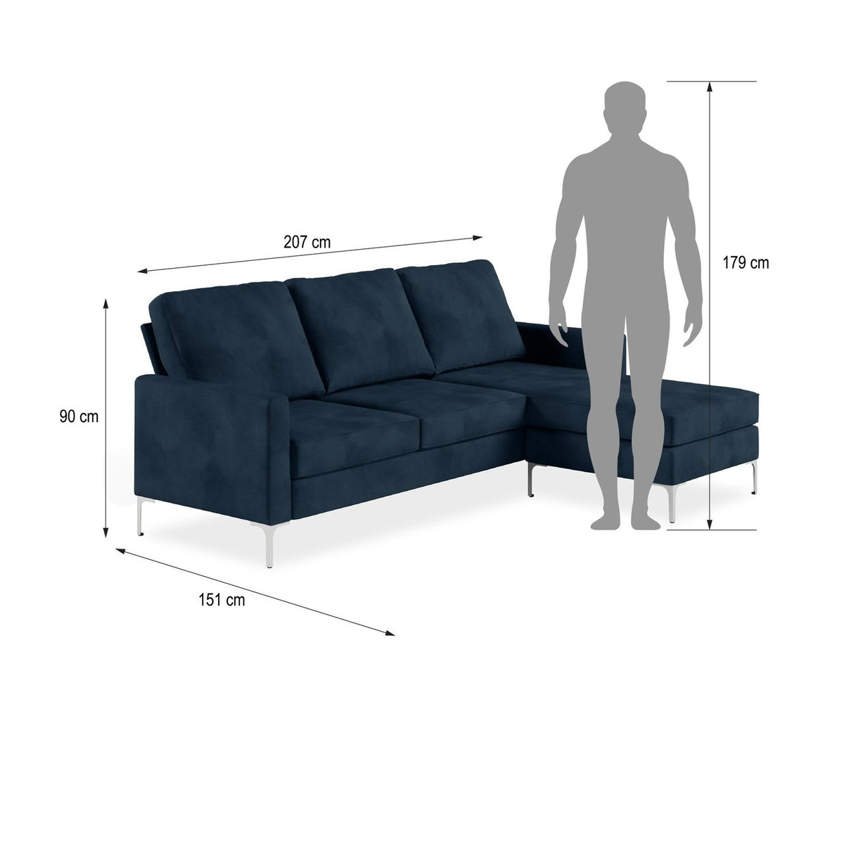 Novogratz Chapman Velvet Right Hand Corner Chaise Sofa-Black