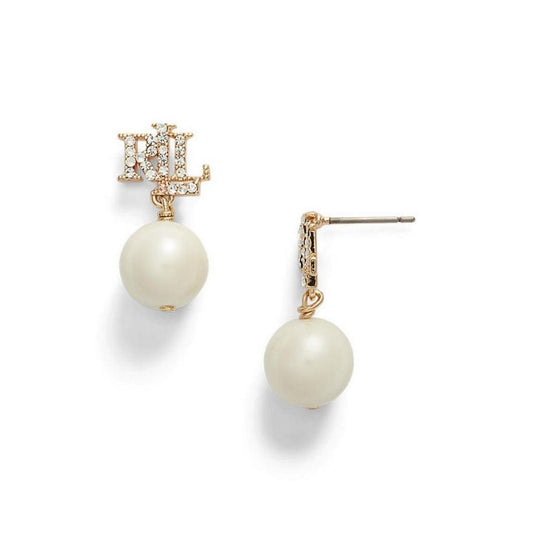 Lauren Ralph Lauren Gold Pave Logo Pearl Drop Earrings