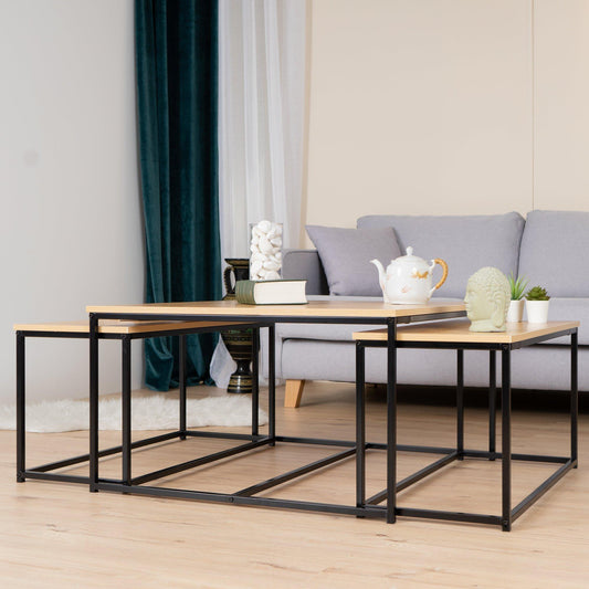 REPLOOD FurnitureR RICKY Black and Wooden Coffee Table Set of 3