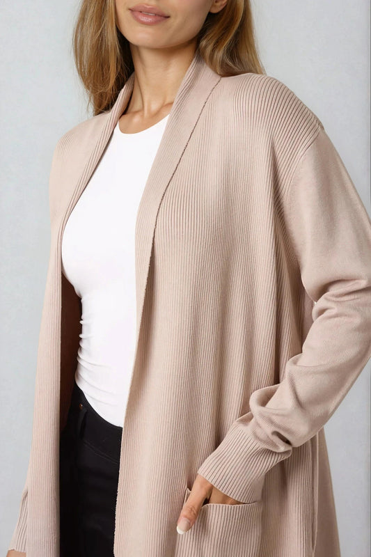 Beige Ribbed Cardigan With Pockets - Interactive Group