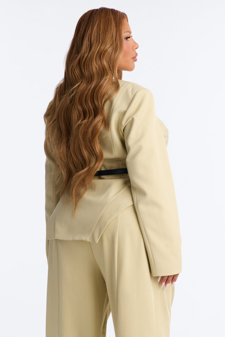 Basette Collarless Structured Waist Belted Blazer - Sage