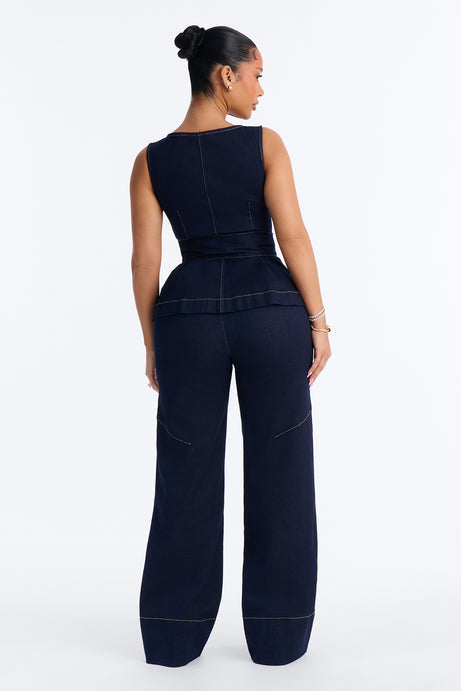 Keli Belted Peplum Denim Pant Set - Dark Denim