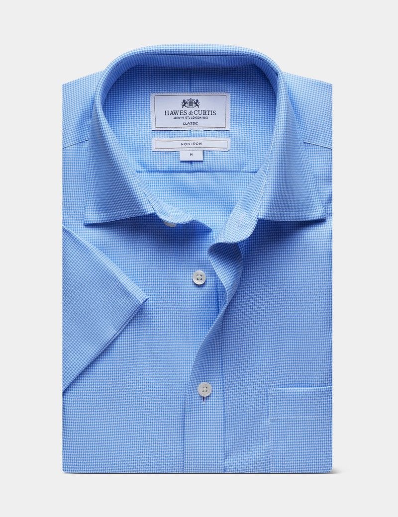 Classic Fit Blue & White Dogstooth Non-Iron Shirt - Short Sleeve - Chest Pocket
