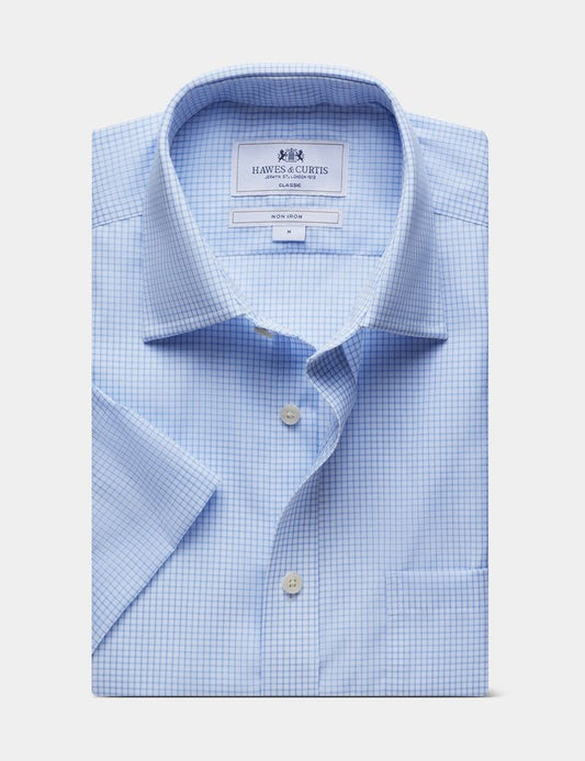 Classic Fit Blue & White Grid Check Non-Iron Shirt - Short Sleeve - Chest Pocket