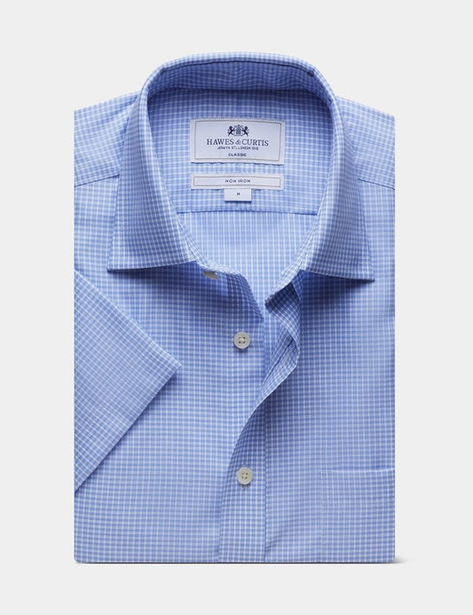 Classic Fit Blue & White Mini Check Non-Iron Shirt - Short Sleeve - Chest Pocket