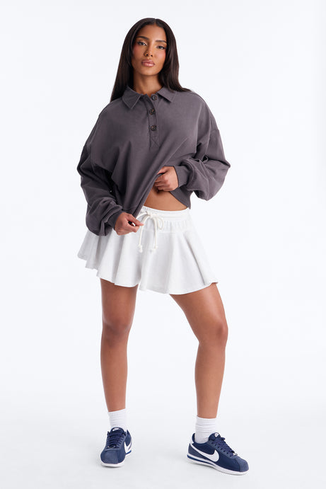 Alex Long Sleeve Button Up Polo Top - Charcoal
