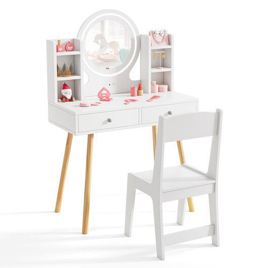 Kids Vanity Set with Lighted Mirror and Storage Drawers-White - Interactive Group