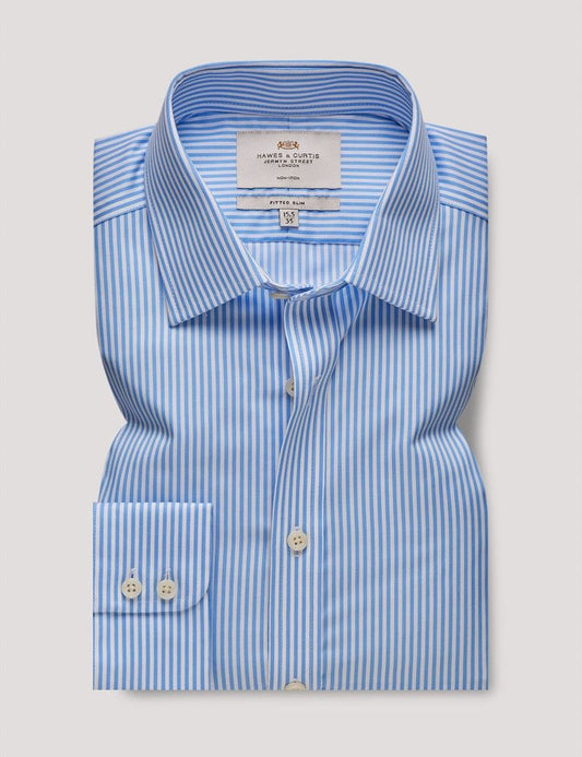 Fitted Slim Blue & White Bengal Stripe Twill Non-Iron Shirt