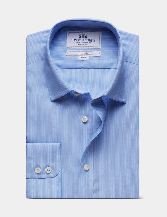 Fitted Slim Cornflower Blue & White Stripe Non-Iron Shirt