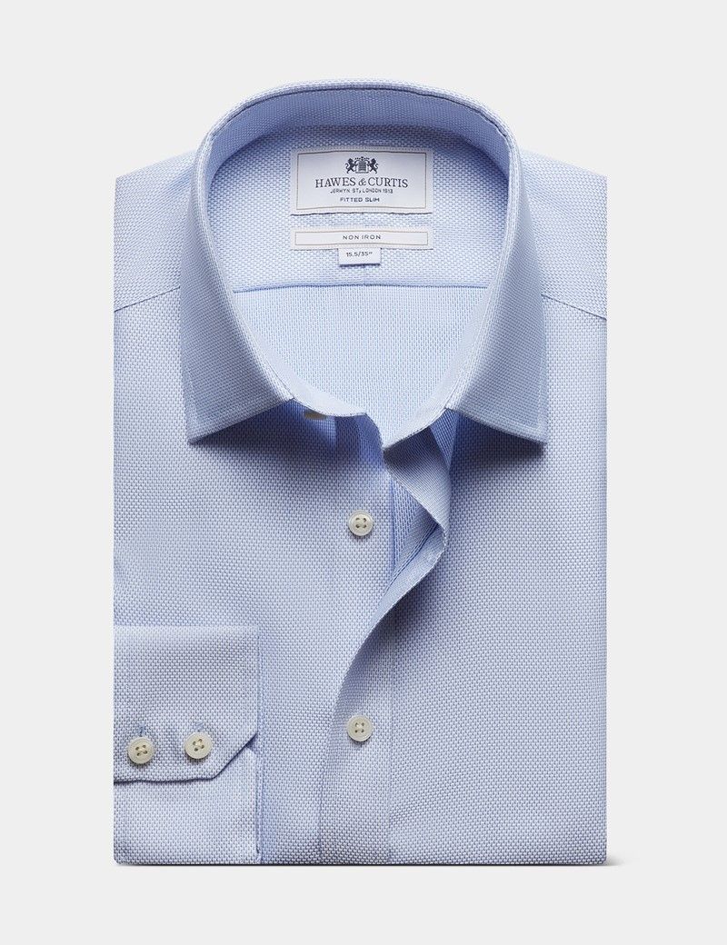 Fitted Slim Blue & White Textured Weave Non-Iron Shirt