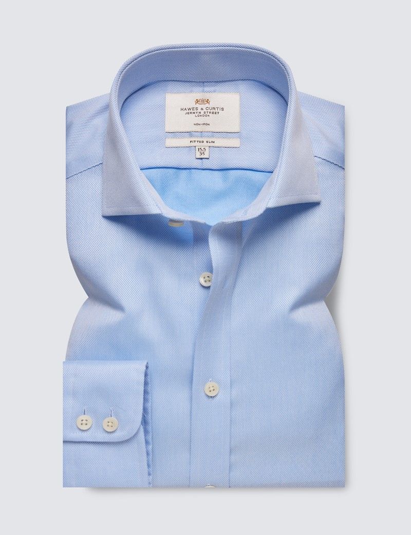Fitted Slim Blue Pique Non-Iron Shirt