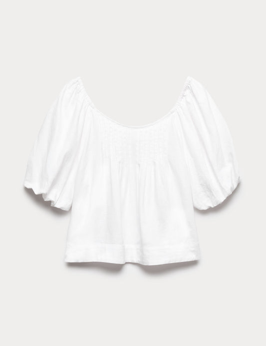 Linen Rich Pleated Puff Sleeve Top