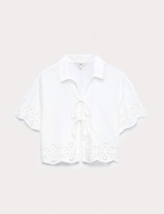 Pure Cotton Broderie Tie Front Beach Shirt