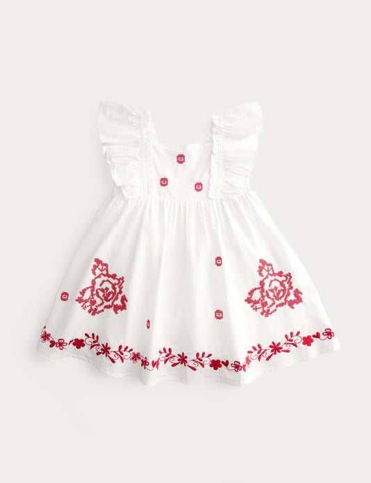 Pure Cotton Embroidered Ruffle Sleeve Dress (2-10 Yrs)