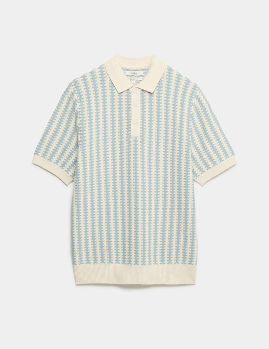 Pure Cotton Textured Striped Knitted Polo Shirt