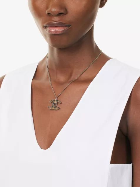 RESELFRIDGES Pre-Loved Chanel Silver Checkered CC Pendant Necklace