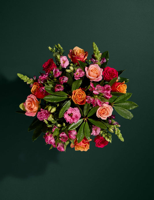 Roses, Lisianthus & Antirrhinum Bouquet with Chocolates & Vintage Champagne