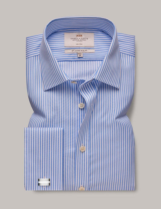 Slim Fit Blue & White Bengal Stripe Twill Non-Iron Shirt