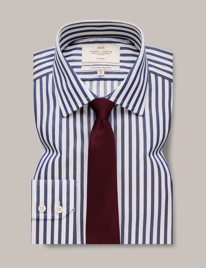 Slim Fit Navy & White Bold Stripe Non-Iron Shirt