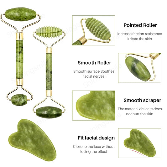 2pcs Gua Sha Massager Set for Face Care Jade Rollers Natural Stone Beauty - Interactive Group