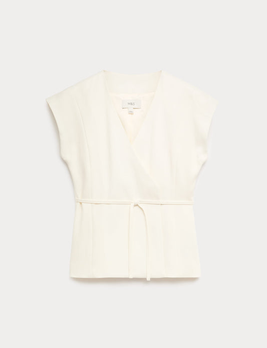 Tie Front Wrap Detail Waistcoat with Linen