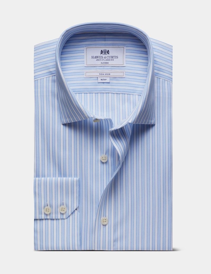 Classic Fit Blue & White Guarded Stripe Non-Iron Shirt