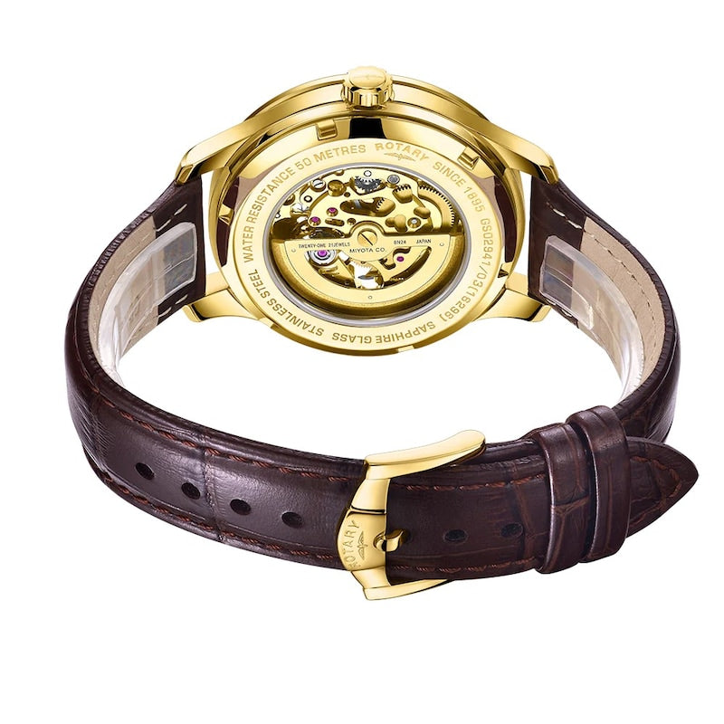 Rotary Men's Skeleton Automatic Gold Tone Brown Leather Strap Watch