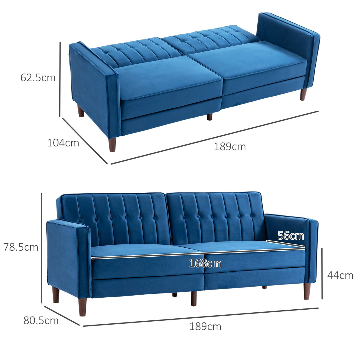 HOMCOM 3 Seater Velvet Reclining Button Tufted Sofa Bed - Blue