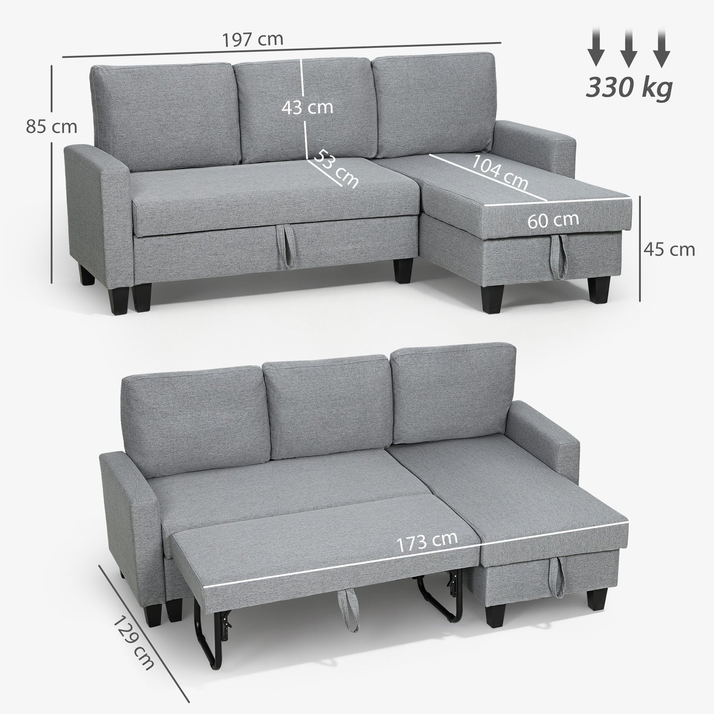 HOMCOM 3 Seater Linen Fabric Corner Sofa Bed - Grey