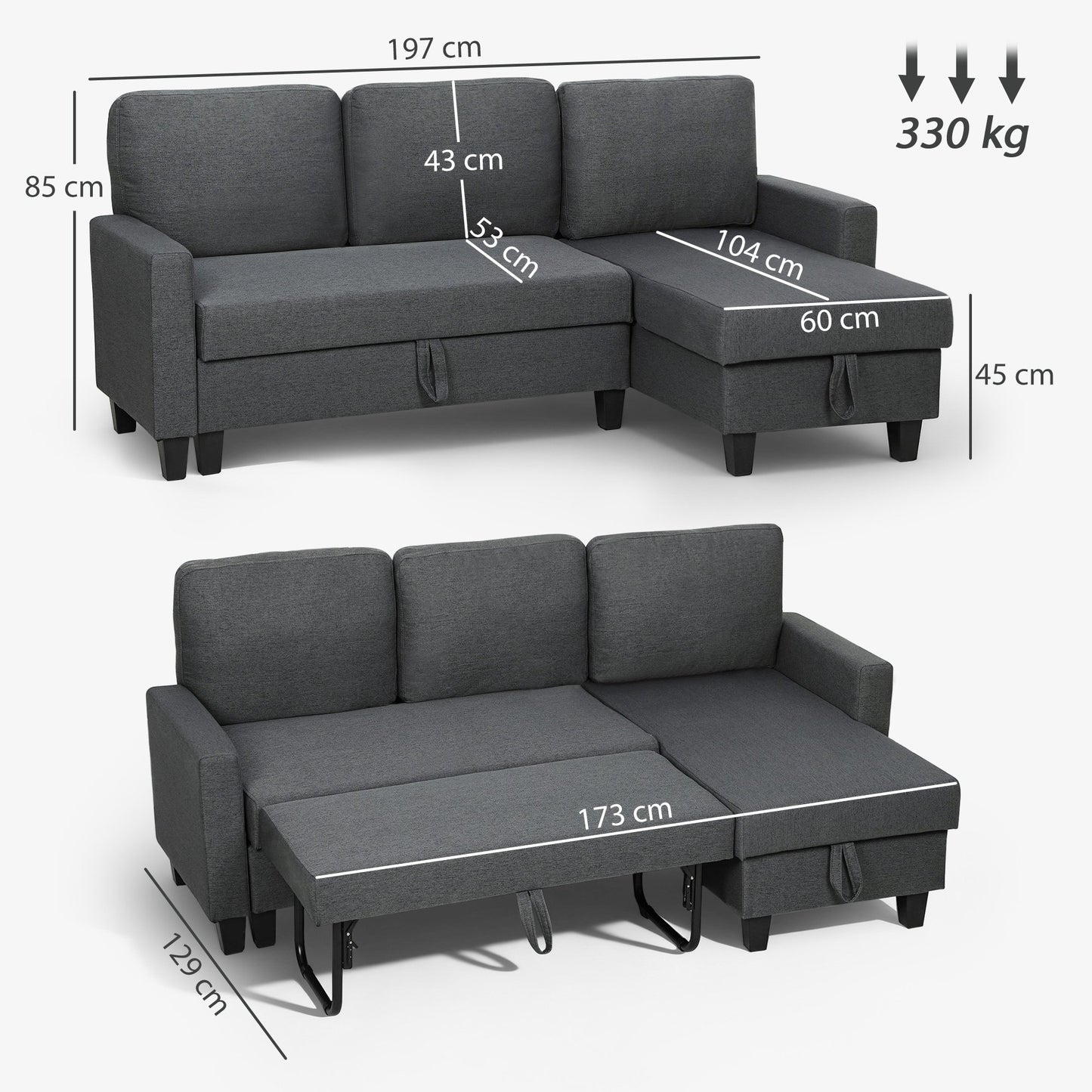 HOMCOM 3 Seater Linen Fabric Corner Sofa Bed - Charcoal Grey
