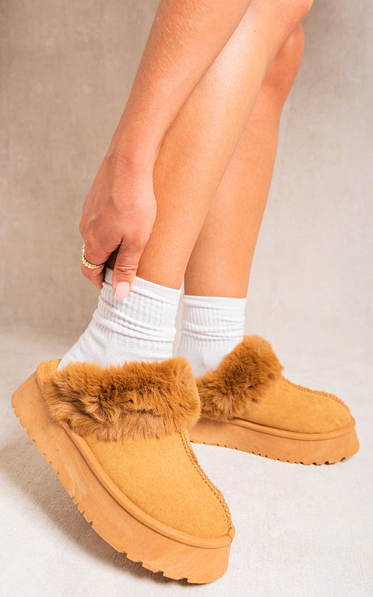 Faux Fur Trim Whisp Chunky Platform Slippers - Interactive Group