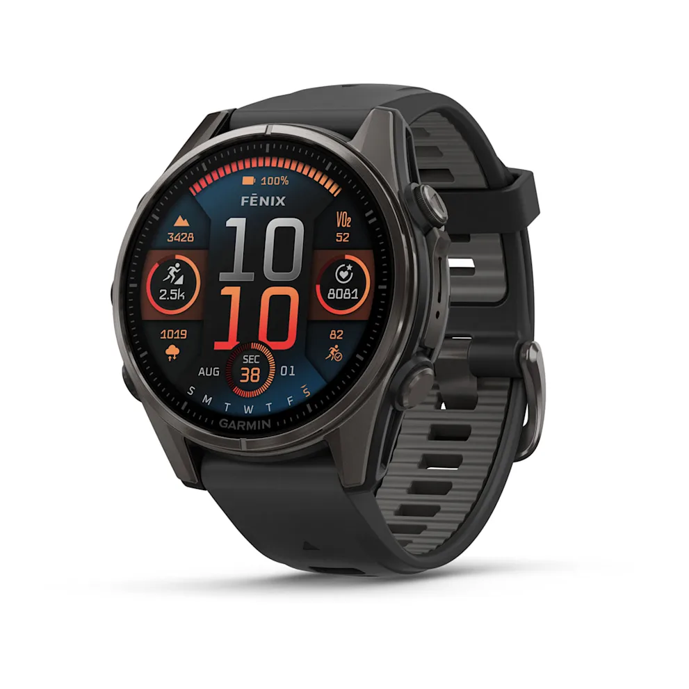Garmin Fenix 8 (43 mm, Sapphire AMOLED, Carbon‑Gray DLC Titanium, Black‑Pebble‑Grey Silicone Band)