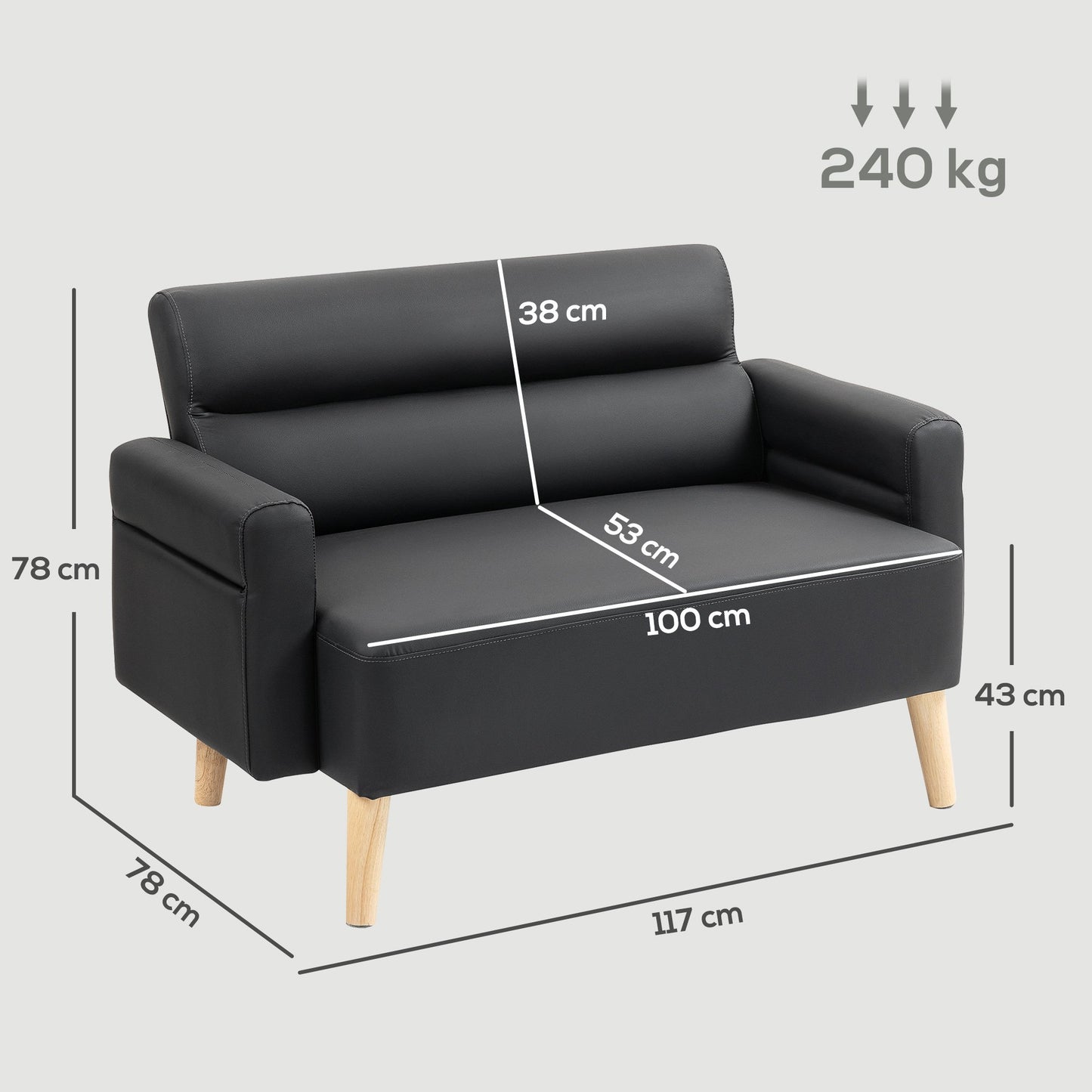 HOMCOM 2 Seater Faux Leather Modern Sofa with Wood Legs - Black