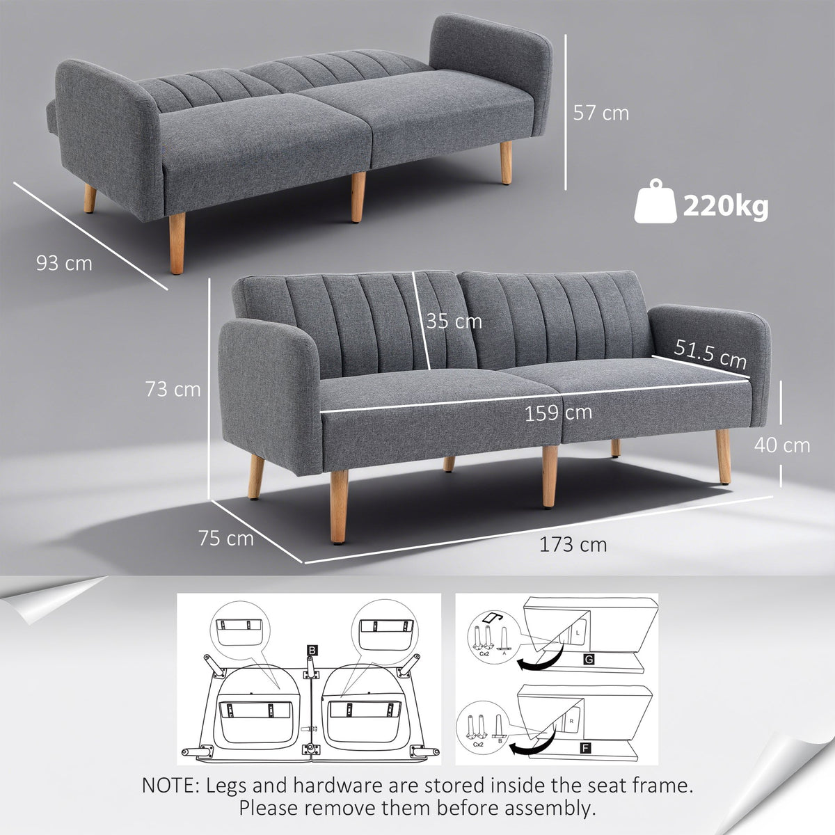 HOMCOM 3 Seater Linen Fabric Sofa Bed with Adjustable Split Backrest - Grey