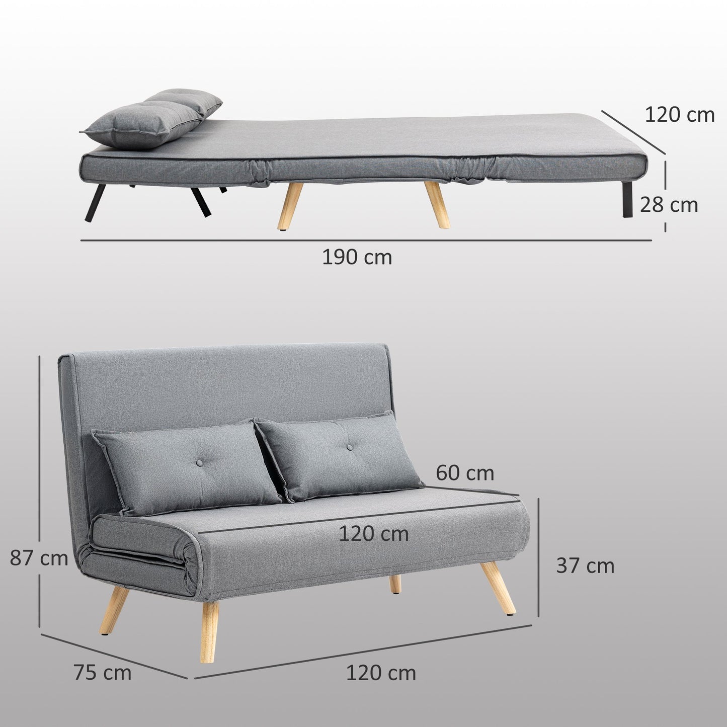 HOMCOM 2 Seater Fabric Modern Adjustable Reclining Sofa Bed - Grey