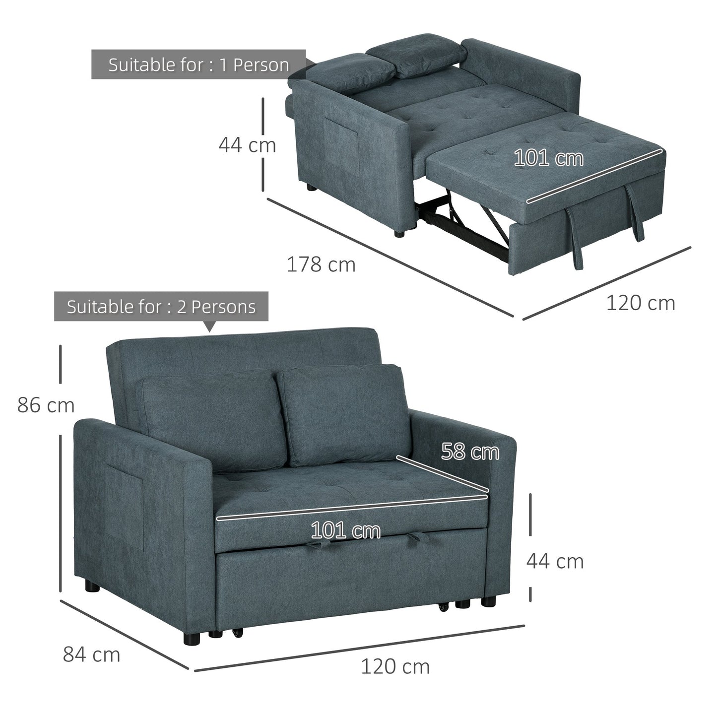 HOMCOM 2 Seater Fabric Modern Sofa Bed with 2 Pillows - Charcoal Grey