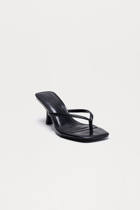 Yasmin Faux Leather Thong Heel Mules - Black