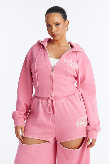 Von Dutch Washed Faded Love Zip Up Sweatshirt - Pink