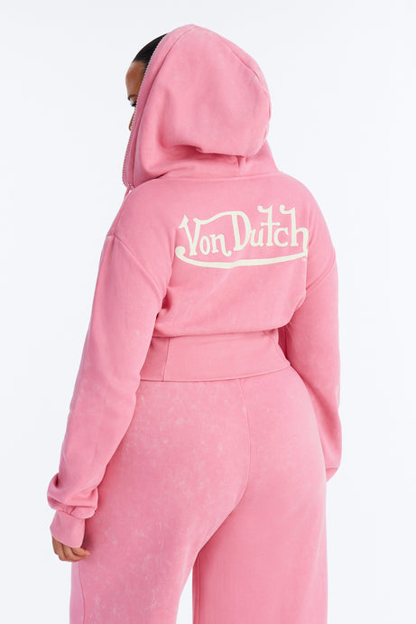 Von Dutch Washed Faded Love Zip Up Sweatshirt - Pink